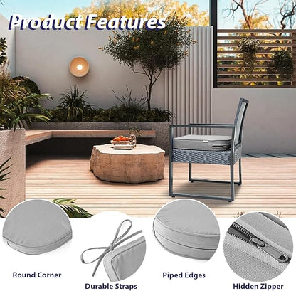 IPYNBAP Outdoor Chair Cushions Set of 4 -Waterproof Outdoor Seat Cushions for Patio Furniture, Patio Chair Cushion with Handle and Ties, Out Door Chair Pads,18.5x16x3-Round, Grey