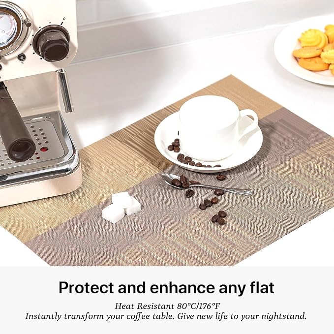 LEXMORE PlaceMats Set of 12 Vinyl/Plastic Woven Place Mats for Kitchen Table Indoor/Outdoor Washable PlaceMat Wipeable Dining Table Mats(Gold Dune)