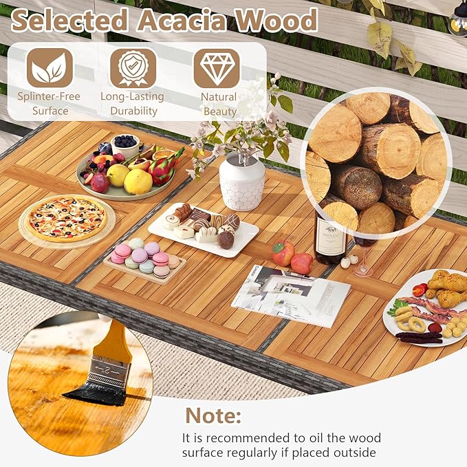 COSTWAY 9-Piece Patio Dining Set for 8, Outdoor Rattan Wicker Table and Chairs Furniture Set with Umbrella Hole, Acacia Wood Tabletop for Backyard, Balcony, Poolside, Grey & White