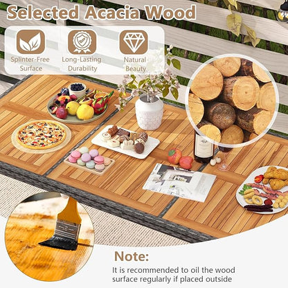 COSTWAY 9-Piece Patio Dining Set for 8, Outdoor Rattan Wicker Table and Chairs Furniture Set with Umbrella Hole, Acacia Wood Tabletop for Backyard, Balcony, Poolside, Grey & White
