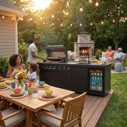5-Burner Stainless Steel Grill with Rotisserie Oven,Mini Wine Fridge,Side Burner,Sink.Included Natural Gas converter.Black