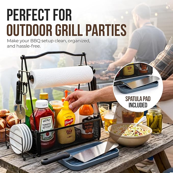 Grill Caddy for Outdoor Kitchen - Foldable Picnic Caddy for BBQ Accessories - Versatile Outdoor Kitchen Accessories Basket with Paper Roll Holder, Hooks & Compartments