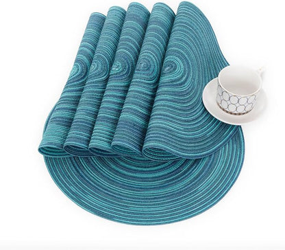 SHACOS 15 inch Round Placemats Set of 4 Variegated Multicolor Place Mats Cotton Polyester Braided Non Slip Washable Heat Resistant Table Mats for Home Wedding Dinner Party Table Decor, Rainbow Teal