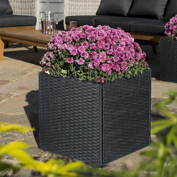 SUNNYPARK Black Square Planter Box Rattan for Outdoors 17x17x18inch | All-Weather, Handmade PE Rattan, Removable Liner, Indoor Outdoor, Patio Porch Garden, Modern Design for Plants Flowers