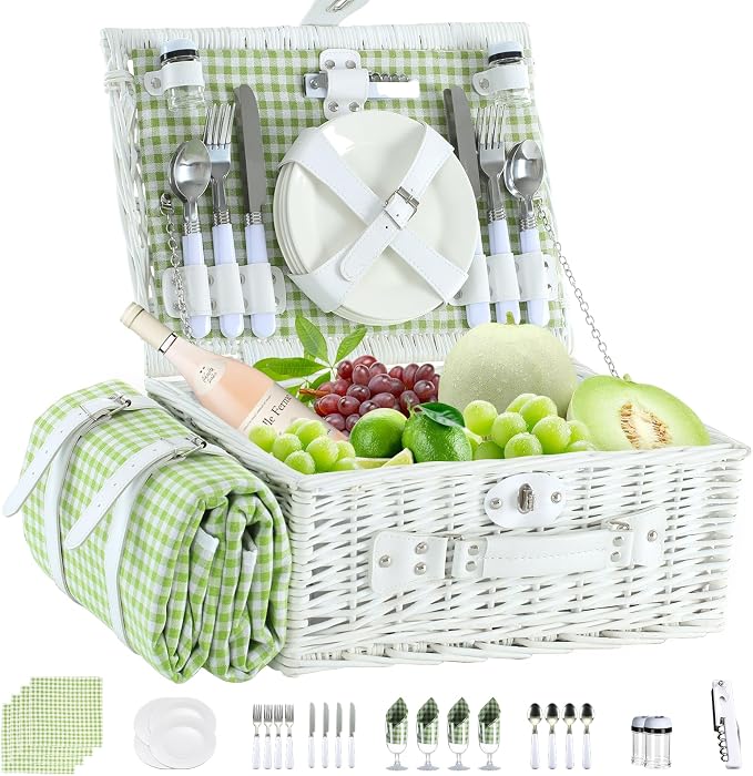 Wicker Picnic Basket Set for 4, Blanket, Cooler Bag, Green Plaid | Four-Person Wicker Set Includes Tableware, Insulated Food Storage and Waterproof Blanket for Parks, Camping, Dates and Gifts