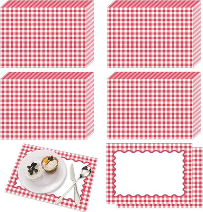 Eaasty 50 Pcs Disposable Red Gingham Paper Placemats Summer Checkered Picnic BBQ Paper Table Place Mat Double Sided for Baby Showers Wedding Birthday Tea Parties Dinner Table Decorations