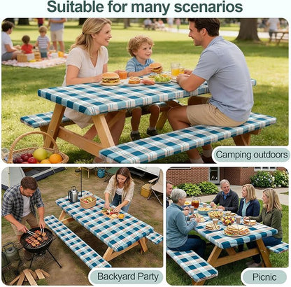 Picnic Table Cover Bench Covers Camping Essentials Tablecloth | Waterproof Vinyl for Outdoor, Windproof Elastic Fitted Edges, RV BBQ Accessories Must Haves, Storage Bag Included