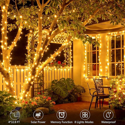 4 Pack Solar String Lights, Total 132Ft 400 LED Solar Powered Twinkle String Lights Waterproof with 8 Lighting Modes Green Wire for Patio Garden Party Yard Wedding Decors (Warm White)