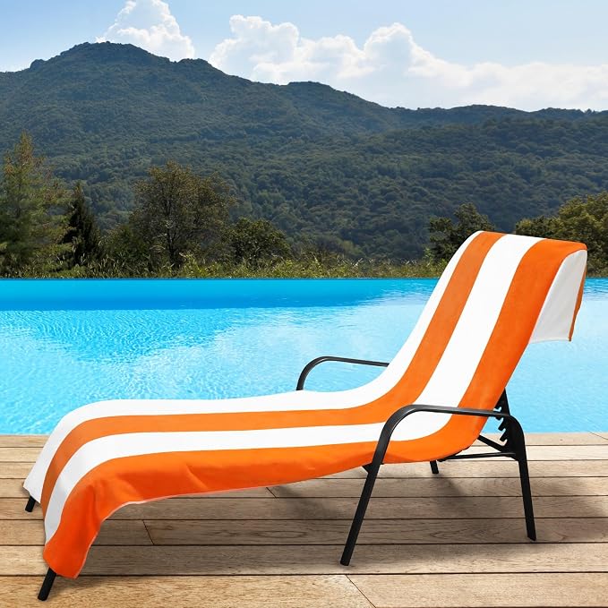 Superior Cabana Cotton Lounge Chair Cover, Outdoor Towel/Chaise Furniture Covers, Terry Cloth, Beach, Spa, Swim Accessories, Pool Chair Cover, Soft, Quick Drying, 32" x 102", Set of 4, Orange