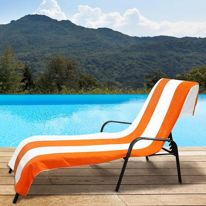 Superior Cabana Cotton Lounge Chair Cover, Outdoor Towel/Chaise Furniture Covers, Terry Cloth, Beach, Spa, Swim Accessories, Pool Chair Cover, Soft, Quick Drying, 32" x 102", Set of 4, Orange