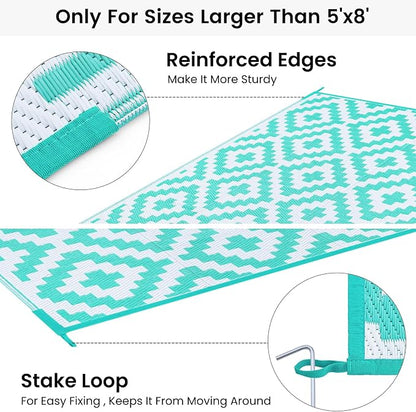 Smiry Outdoor Rug 6x9 ft Waterproof Reversible Boho Mat, White & Teal | Polypropylene Plastic Straw, Quick Drying, Lightweight Foldable, for Patio, Deck, RV Camping, Backyard and Indoor Outdoor Use