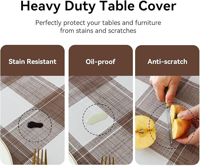 Romanstile Rectangle Plastic Tablecloth, 100% Waterproof Oil-Proof Checkered PVC Table Cloth, Heavy Duty Vinyl Table Cover for Dining, Camping, Picnic, Outdoor - 54 x 120 Inch, Brown Checkered
