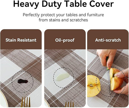 Romanstile Rectangle Plastic Tablecloth, 100% Waterproof Oil-Proof Checkered PVC Table Cloth, Heavy Duty Vinyl Table Cover for Dining, Camping, Picnic, Outdoor - 54 x 120 Inch, Brown Checkered