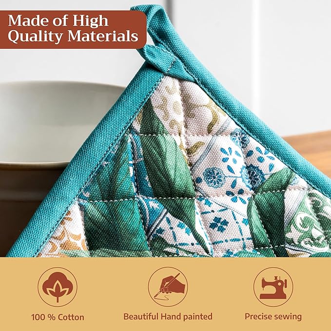Maison d' Hermine 100% Cotton Oven Mitt & Pot Holder Set (7.5"x13" & 8"x8") Heat Resistant BBQ Cooking Gloves with Loop Baking Grilling Kitchen Hotel Home Farmhouse Spring Summer (Agrume)