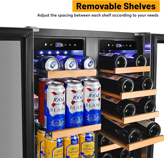 FoMup Wine and Beverage Refrigerator, 24 Inch Beverage Cooler Dual Zone with Glass Door, Under Counter Beverage Fridge with Upgraded 60 Cans 20 Bottles Large Capacity, Black