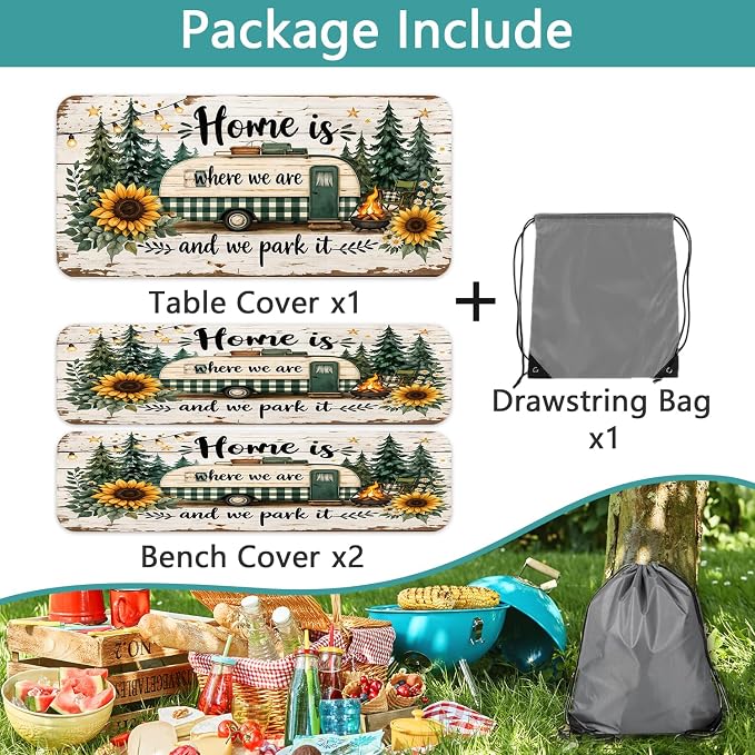Picnic Table Cover with Bench Covers Camping Essentials Green Checkered RV Forest Sunflower Wooden Outdoor Table Covers with Elastic Waterproof Camping Tablecloth for Indoor & Outdoor 3 PCS 30x96 Inch