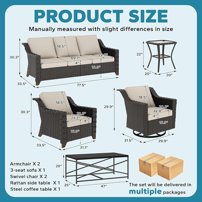 7 Piece Patio Furniture Set, Wicker Outdoor Conversation Set | Patio Chair Set with Olefin Removable Cushion, All-Weather Outdoor Couch with Deep Seat for Porch, Deck and Backyard, Beige