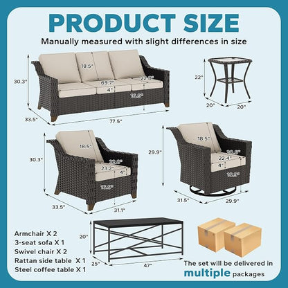 7 Piece Patio Furniture Set, Wicker Outdoor Conversation Set | Patio Chair Set with Olefin Removable Cushion, All-Weather Outdoor Couch with Deep Seat for Porch, Deck and Backyard, Beige