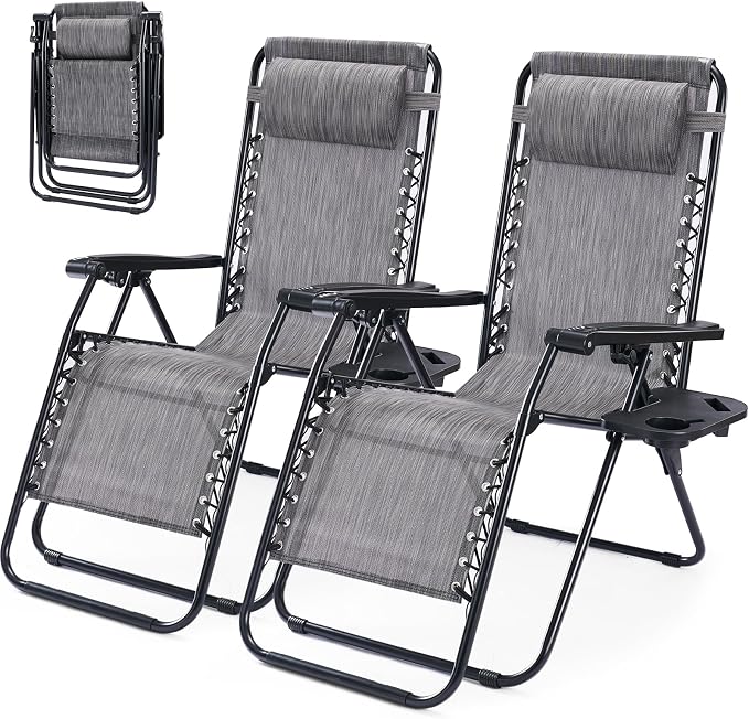 Zero Gravity Chair Set of 2, Adjustable Folding Reclining Lounge Chairs with Mesh Back, Adjustable Pillows & Cup Holder Trays, Outdoor Patio Lawn Chairs for Pool, Beach & Camping, Grey