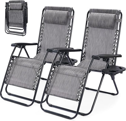 Zero Gravity Chair Set of 2, Adjustable Folding Reclining Lounge Chairs with Mesh Back, Adjustable Pillows & Cup Holder Trays, Outdoor Patio Lawn Chairs for Pool, Beach & Camping, Grey