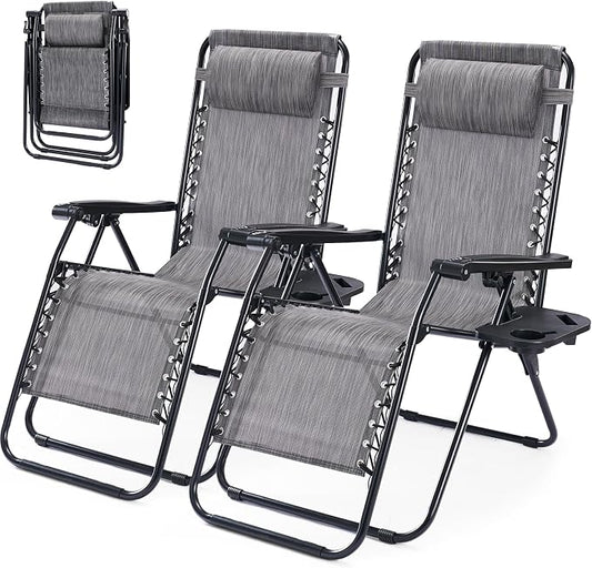 Zero Gravity Chair Set of 2, Adjustable Folding Reclining Lounge Chairs with Mesh Back, Adjustable Pillows & Cup Holder Trays, Outdoor Patio Lawn Chairs for Pool, Beach & Camping, Grey