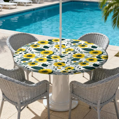 Outdoor Tablecloth with Umbrella Hole and Zipper Fits 37-44" Tables | Waterproof Round Fitted Tablecloth with Elastic Edge, Wipeable Outdoor Table Cover for Patio, Garden, Picnic