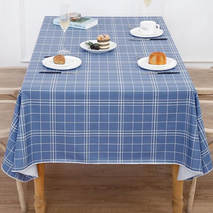 Walrus Heavy Duty Vinyl Tablecloth with Flannel Backing Waterproof Oil-Proof Plastic Table Cloth Stain-Resistant Wipeable Rectangle or Square Table Cover for Indoor and Outdoor (Blue Grid,52x70 Inch)