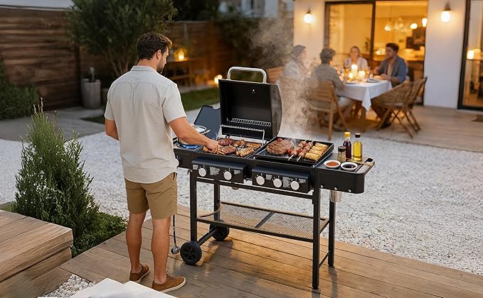 Outdoor Gas Grill with 6 Burners & Side Burner 59000 BTU Stainless Steel BBQ Grill Enamel-Coated Grates Side Tables for Backyard Patio Cooking Charcoal Grills & Smokers,A5