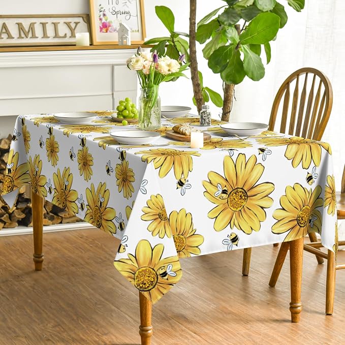 Horaldaily Summer Tablecloth 60 x 140 Inch Rectangular Yellow Sunflower | Bumble Bee White Fall Washable Table Cover for Party Picnic Dinner Decor