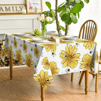 Horaldaily Summer Tablecloth 60 x 140 Inch Rectangular Yellow Sunflower | Bumble Bee White Fall Washable Table Cover for Party Picnic Dinner Decor
