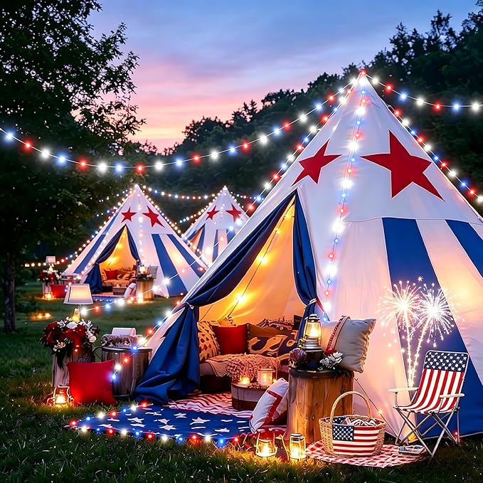 Joomer Red White Blue Solar Fairy Lights, 4th of July Memorial Day Decor, 2 Pack 39FT 120 LED String Light, 8 Lighting Modes with Memory, Waterproof Outdoor Patriotic Lights for Independence Day Decor
