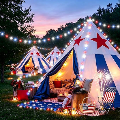 Joomer Red White Blue Solar Fairy Lights, 4th of July Memorial Day Decor, 2 Pack 39FT 120 LED String Light, 8 Lighting Modes with Memory, Waterproof Outdoor Patriotic Lights for Independence Day Decor