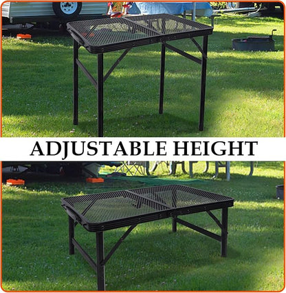 FORUP Small Folding Table, Camping Table with Mesh Desktop, Portable Picnic Table with Carry Handle, Height Adjustable Portable Grill Table for Outside Inside Use