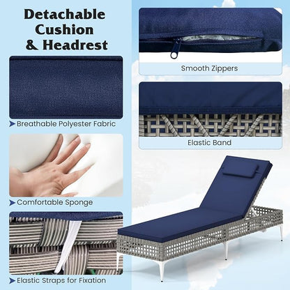 Tangkula Patio Chaise Lounge Chair, PE Wicker Reclining Sun Lounger with 6-Level Adjustable Backrest, Removable Cushion & Headrest, Outdoor Lounge Chair for Poolside, Deck, Backyard (1, Navy)