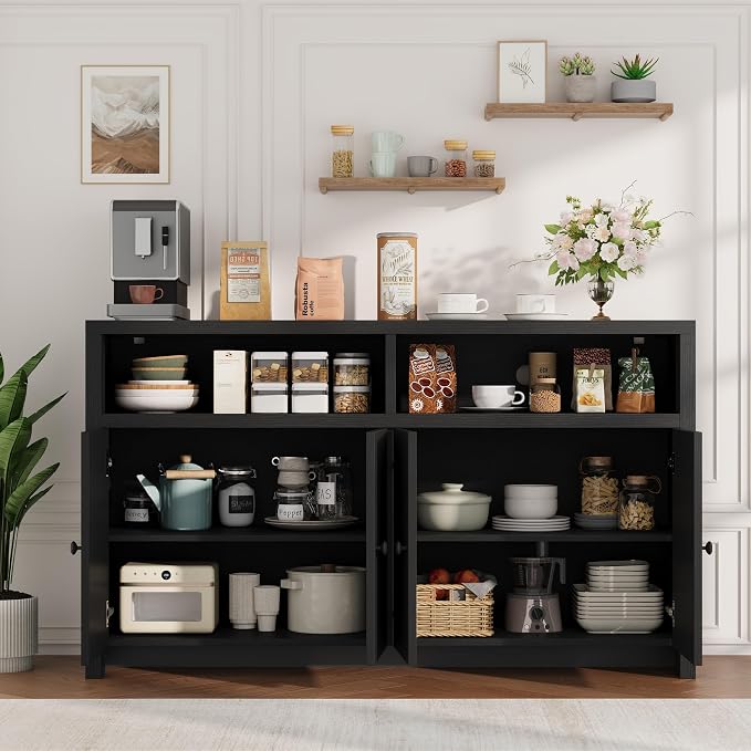 Buffet Sideboard Cabinet with Storage, 55" Kitchen Storage Cabinet, Black | 4 Doors & Adjustable Shelves, Farmhouse Wood Coffee Bar Cabinet for Kitchen, Dining Room, Living Room