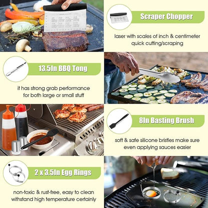 HaSteeL 16PCS Griddle Accessories Set, Stainless Steel Flat Top Grilling Tools Kit with Enlarge Spatula Scraper Basting Cover Burger Press for Outdoor Barbecue Teppanyaki Cooking, ABS Handle
