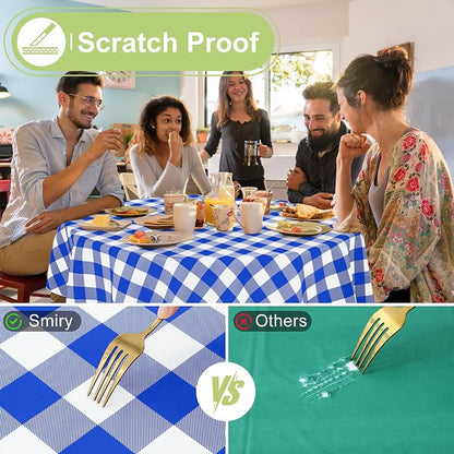 Smiry Oval Table Cloth, Vinyl Tablecloths with Flannel Backing, 60"x84" | Waterproof Picnic Table Cloth, Wipeable Buffalo Plaid Table Cover for Indoor and Outdoor (Blue & White)