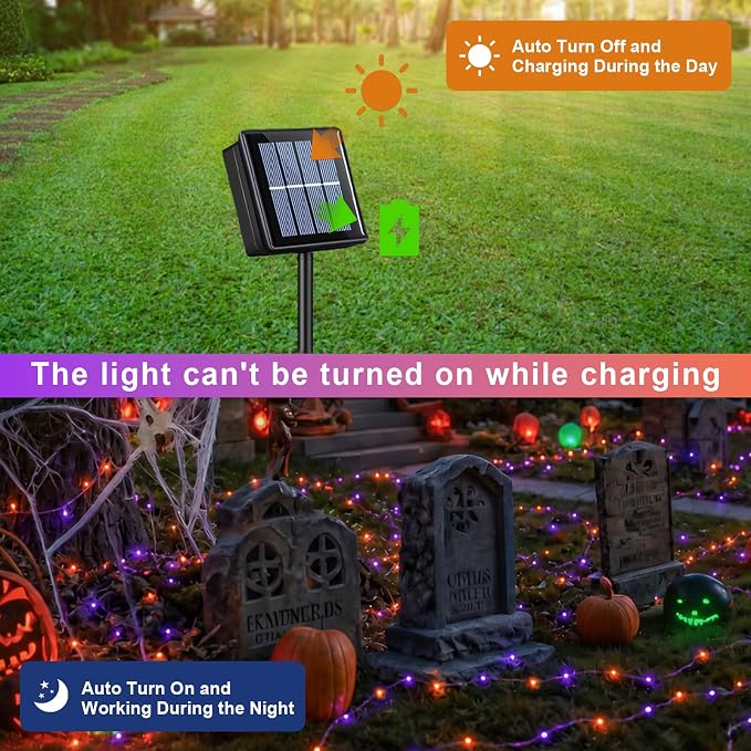 QITONG Solar Halloween Lights Outdoor Waterproof, 2 Pack Each 66ft 200 LED Orange and Purple Fairy Lights with 8 Modes, Silver Wire Christmas Mini String Lights
