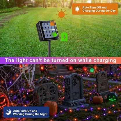 QITONG Solar Halloween Lights Outdoor Waterproof, 2 Pack Each 66ft 200 LED Orange and Purple Fairy Lights with 8 Modes, Silver Wire Christmas Mini String Lights