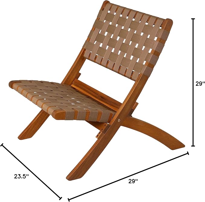64098 Sava Indoor Outdoor Folding Chair Low Slung Portable Seating Solid Acacia Wood Woven Seat & Back Indoors Porch Lawn Garden Fishing Sporting - Brown Webbing