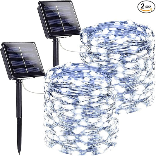 Solar Fairy Lights, 2 Pack Total 200LED 72FT Waterproof String Lights | Cool White, Silver Wire, 8 Lighting Modes Solar Twinkle Lights for Tree Garden Patio Party Outdoor Christmas Decorations