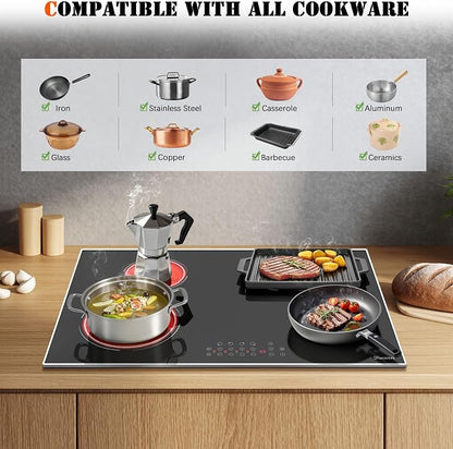 Electric Cooktop 30 Inch 4 Burner, 6600W No Plug | 30 Inches Ceramic Stovetop Built-in with Dual & Expanded Ring, 99-Min Timer, Safety Lock, 220V - 240V Hard Wired