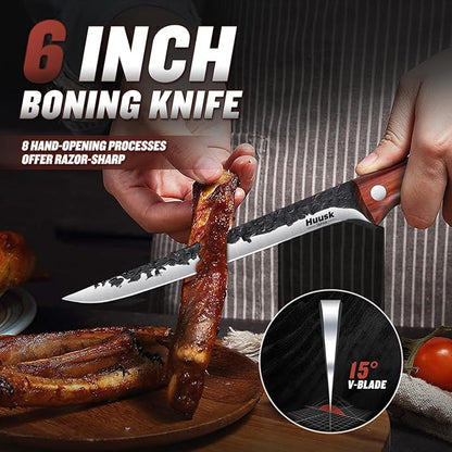 Huusk Boning Knife 6 Inch,Fillet Knife for Meat,Brisket Trimming Knife,Deboning Knife with Sheath,Japan Hand Forged Boning Knives For Kitchen Outdoor Camping Gift for Dad