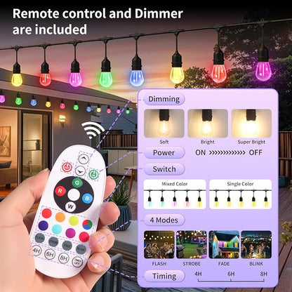 50FT Outdoor String Lights, Outdoor Lights for Patio,with 24+2 LED RGBW Color Change,3000K Bright White Waterproof Bulbs, Dimmer & Remote, Customized 12 Colors & 4 Modes, for Backyard Decor