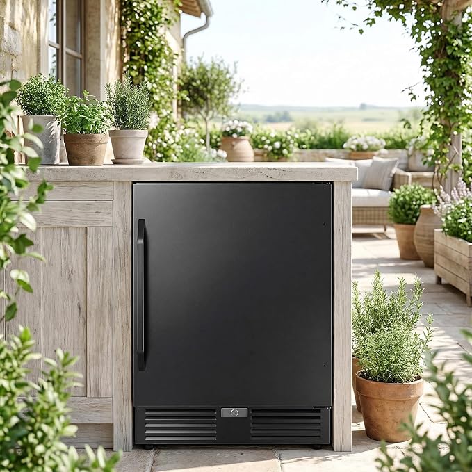 24 Inch Beverage Refrigerator–210 Can Large Capacity Beverage Fridge with French Door, Built-in or Freestanding Under Counter Outdoor Beverage Cooler with Reversible Door, Black