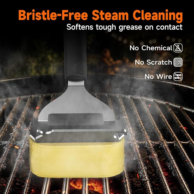 Bristle-Free Grill Brush with Heat-Resistant Kevlar Fiber Head, Black | Steam Cleaning, Replaceable No-Wire Head, 17" Handle, 4-in-1 Scraper, for Porcelain/Ceramic/Stainless Steel/Cast Iron Grate