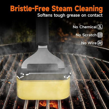 Bristle-Free Grill Brush with Heat-Resistant Kevlar Fiber Head, Black | Steam Cleaning, Replaceable No-Wire Head, 17" Handle, 4-in-1 Scraper, for Porcelain/Ceramic/Stainless Steel/Cast Iron Grate