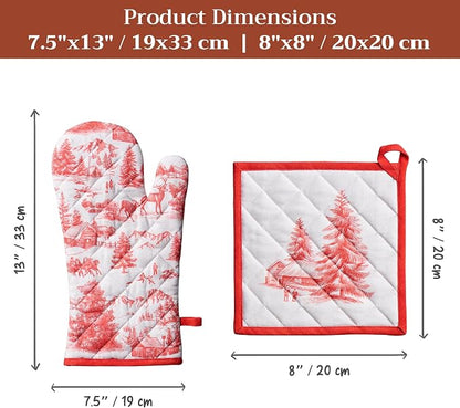 Maison d' Hermine 100% Cotton Oven Mitt & Pot Holder Set (7.5"x13" & 8"x8") | Heat Resistant BBQ Cooking Gloves with Loop Baking Grilling Kitchen Hotel Home Farmhouse Thanksgiving Christmas - Winter Jouy