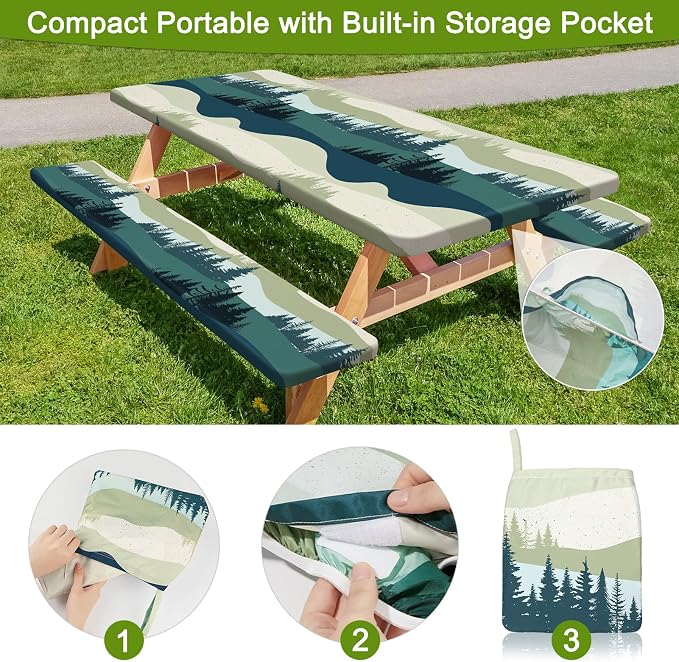 Picnic Table and Bench Cover Set, Waterproof Fitted Elastic Cloth | Portable Camping Essentials With Built-In Storage Pocket And Waterproof Fabric For Outdoor RV Or Picnic Table Use