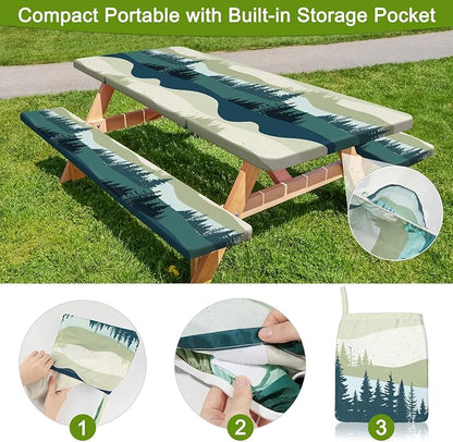 Picnic Table and Bench Cover Set, Waterproof Fitted Elastic Cloth | Portable Camping Essentials With Built-In Storage Pocket And Waterproof Fabric For Outdoor RV Or Picnic Table Use